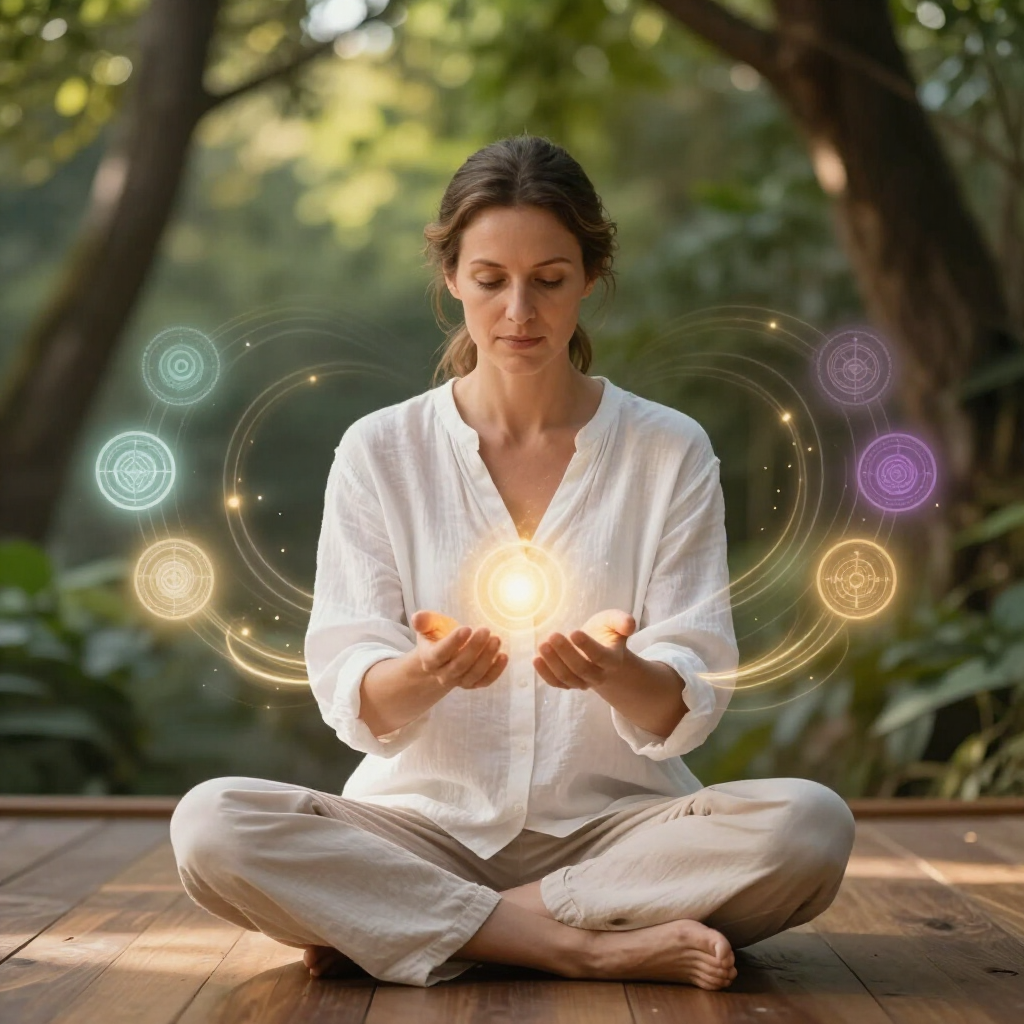 Persona meditando al aire libre, sosteniendo una luz brillante en sus manos ahuecadas.