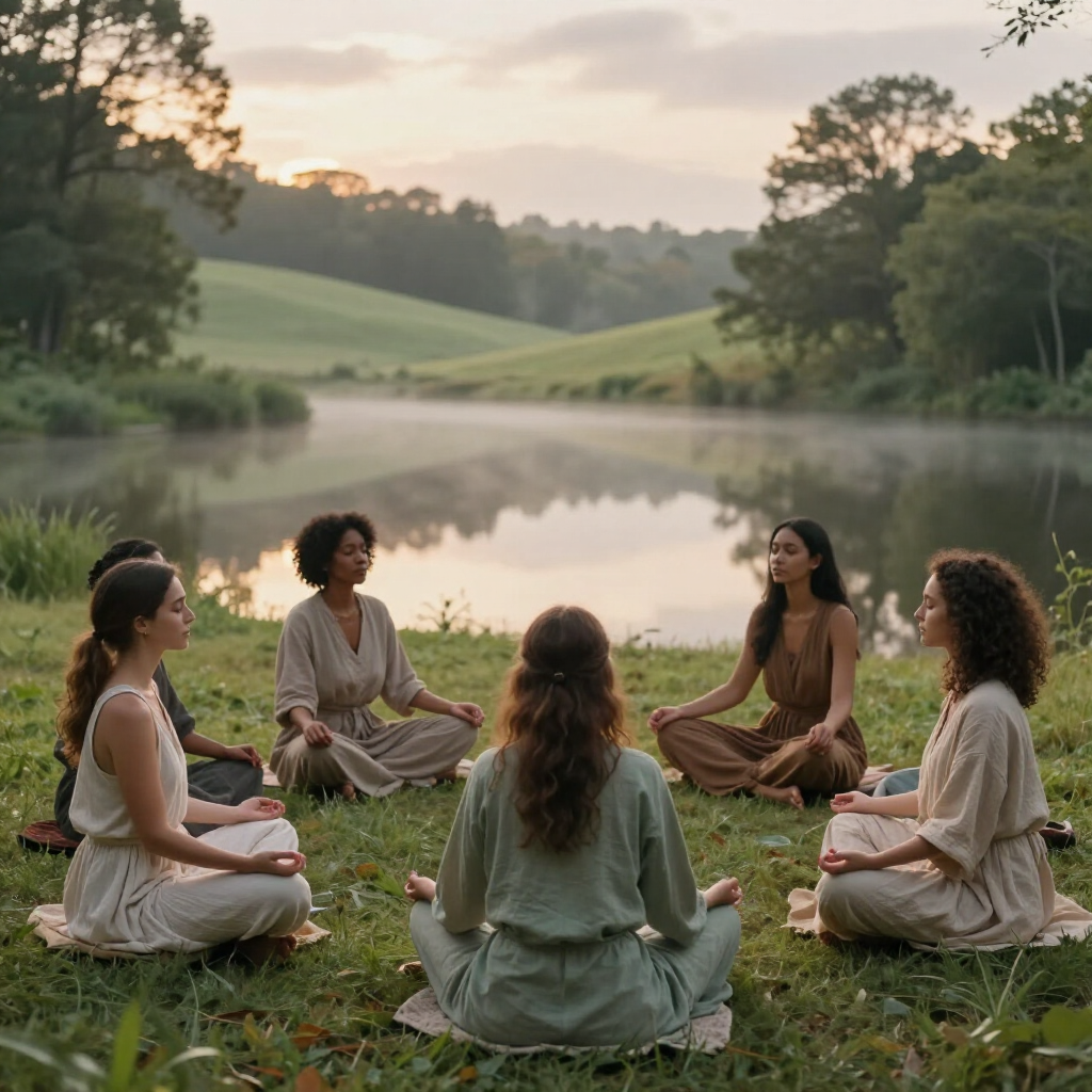 Seis personas se sientan en círculo sobre la hierba junto a un lago brumoso al amanecer.