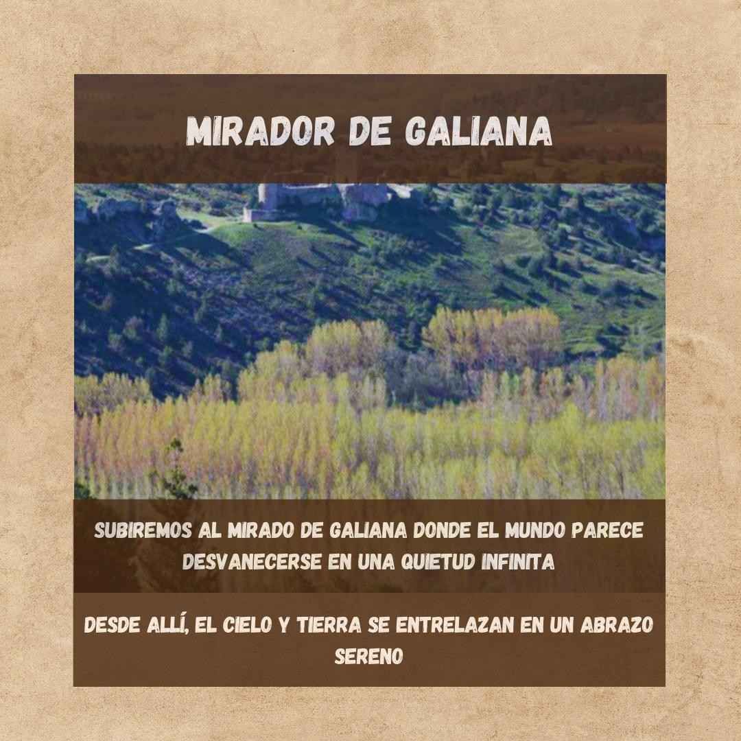 Texto promocional de Mirador de Galiana sobre paisaje montañoso verde y bosque de árboles amarillos.
