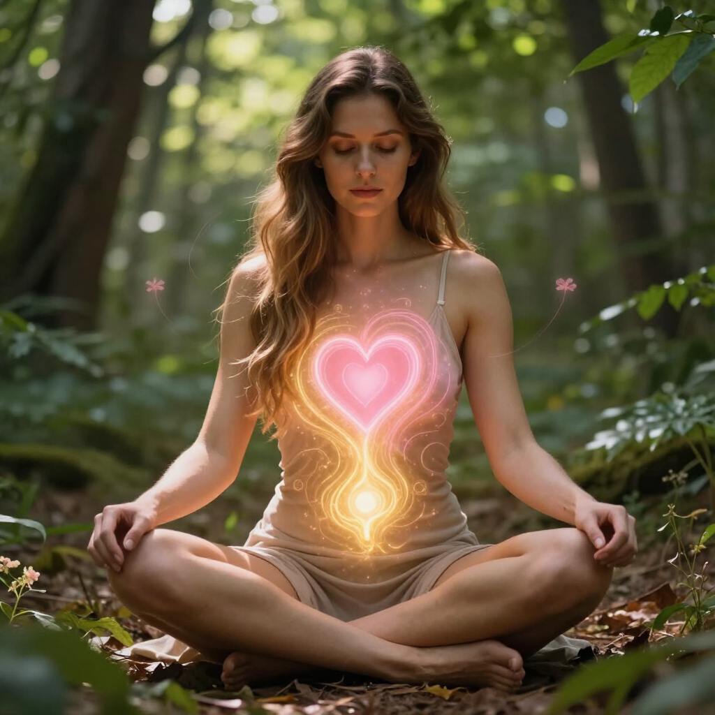 Mujer meditando en un bosque con un corazón rosa brillante y una luz amarilla en su pecho.