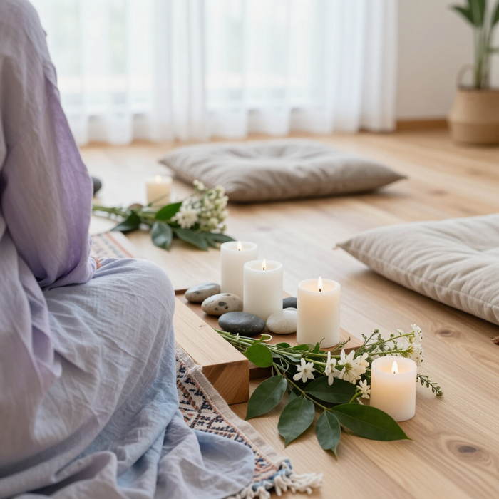 Velas y flores blancas sobre un suelo de madera junto a cojines en un espacio tranquilo para la meditación.