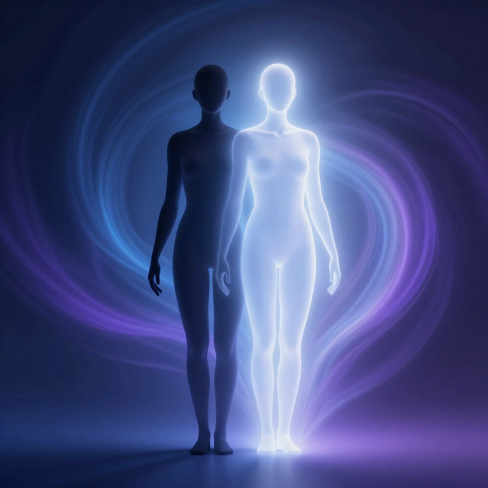 Dos siluetas humanas resplandecientes, una oscura y otra blanca, de pie en medio de una luz azul-violeta arremolinada.