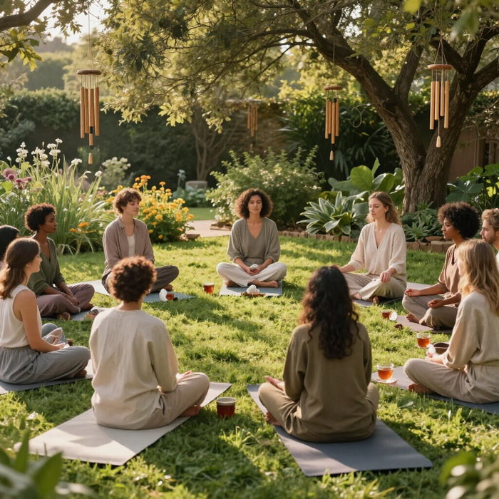 Personas sentadas en círculo para una sesión de meditación al aire libre en un jardín soleado.