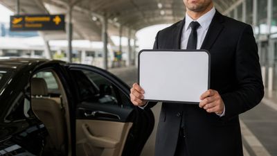 Ein Mann im schwarzen Anzug hält ein leeres Schild neben einem Auto am Strassenrand eines Flughafens.