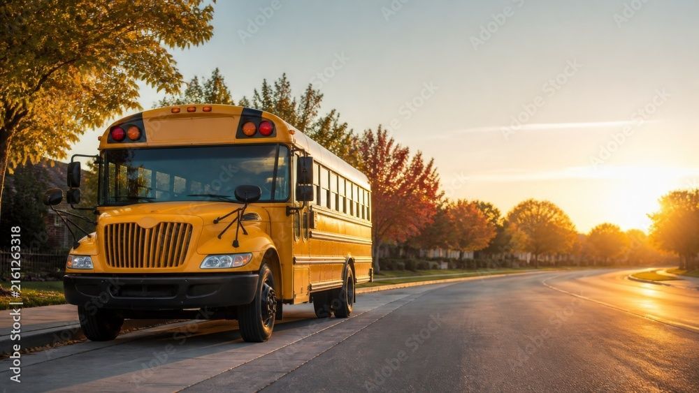 Ein gelber Schulbus fährt bei Sonnenuntergang auf einer Strasse, die von Herbstbäumen gesäumt ist.