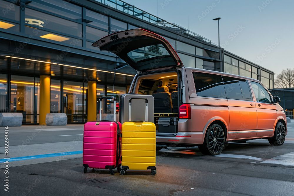 Offener SUV-Kofferraum mit zwei bunten Koffern bei der Abgabe am Flughafen-Bordstein