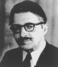Schwarz-Weiß-Porträt eines Mannes mit Brille, Anzug und Krawatte.