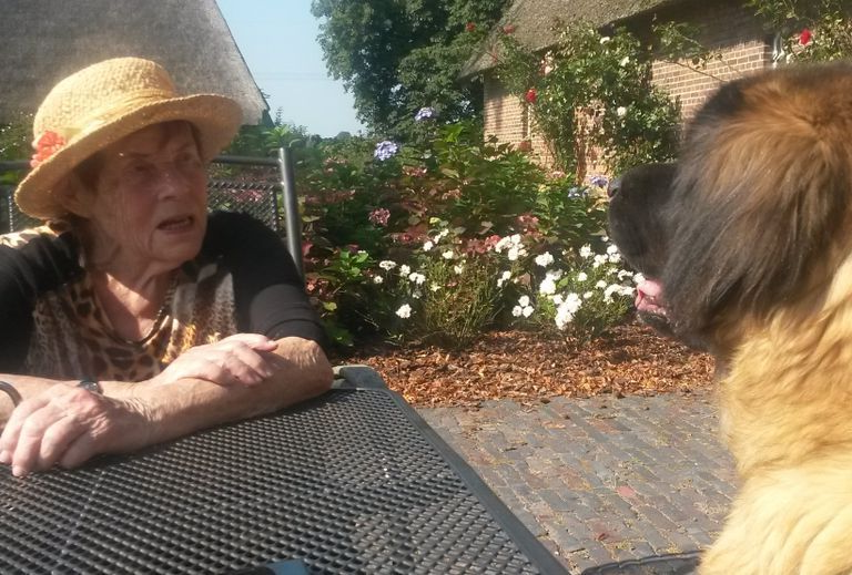 Frau mit Strohhut unterhält sich über einen Terrassentisch hinweg mit einem Hund in einem sonnigen Garten