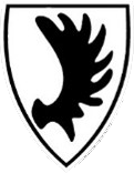 Schwarze Vogelsilhouette in einem weißen Schildemblem mit schwarzer Umrandung
