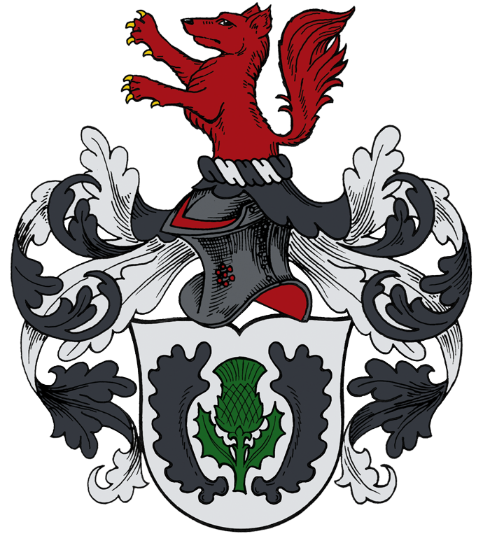 Roter Greifenwappen mit schwarz-silbernen Verzierungen und einem grünen Distel-Emblem auf weißem Grund