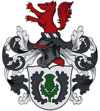 Roter Greifenwappen mit schwarz-silbernen Verzierungen und einem grünen Distel-Emblem auf weißem Grund