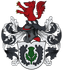 Roter Greifenwappen mit schwarz-silbernen Verzierungen und einem grünen Distel-Emblem auf weißem Grund