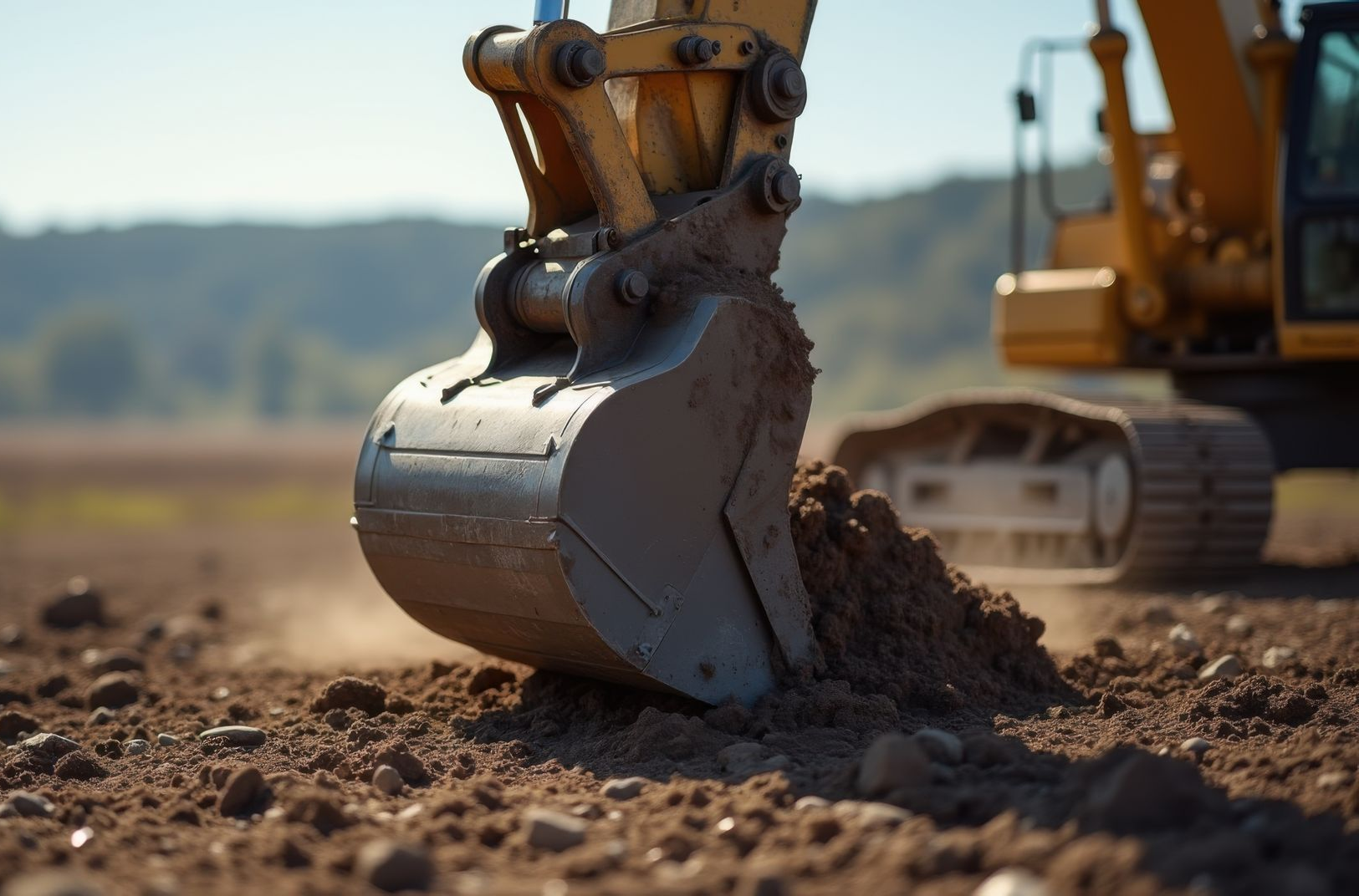 Godet d'excavatrice ramassant de la terre sur un chantier de construction