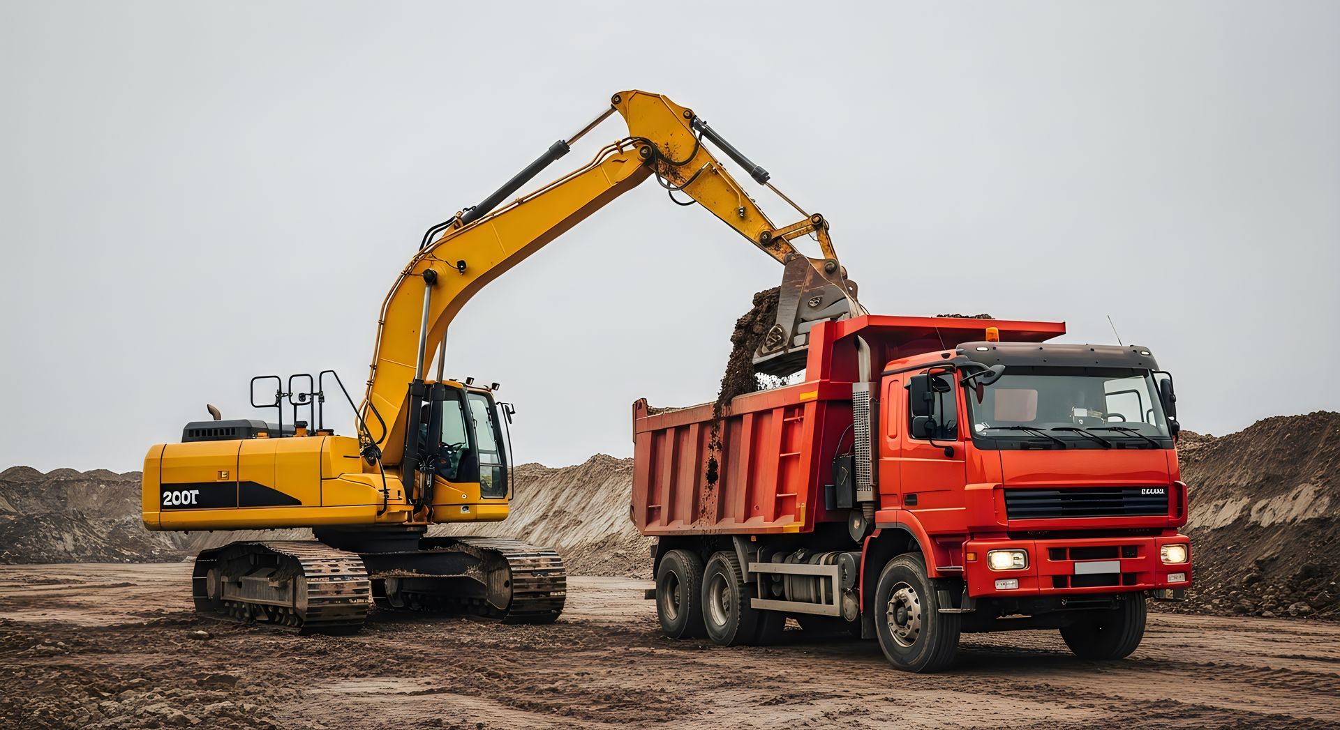 Une pelle mécanique jaune charge de la terre dans un camion-benne rouge sur un chantier de construction