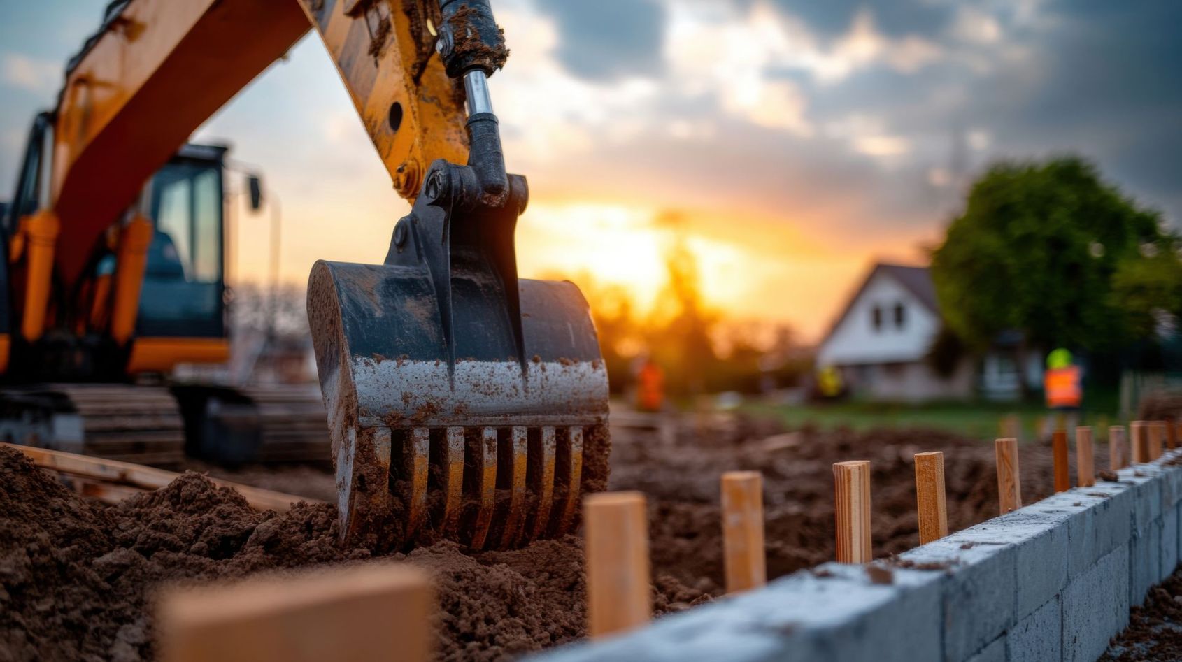 Une excavatrice creuse la terre sur un chantier de construction, près d'un muret en parpaings au coucher du soleil.