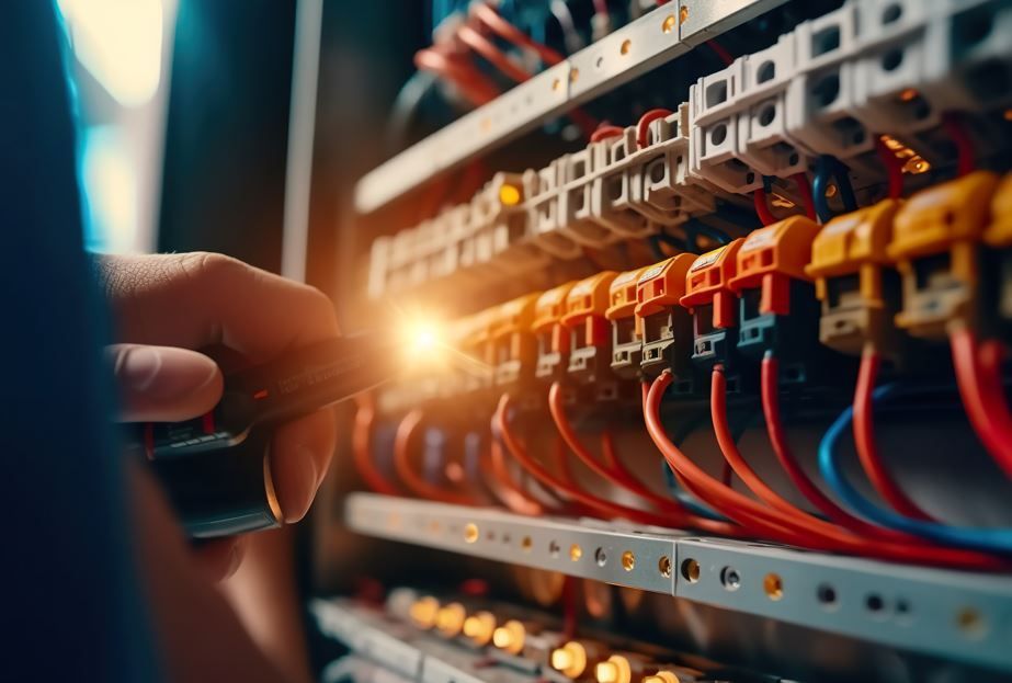 Electricista trabajando en un panel de control, cables y disyuntores, con iluminación enfocada.