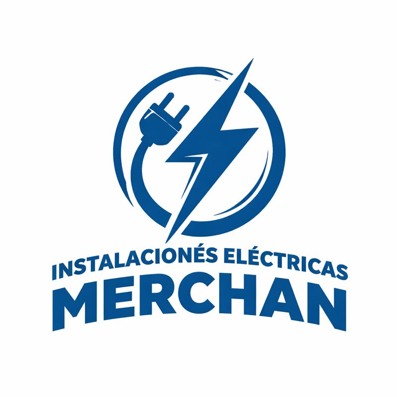 Logotipo: Enchufe eléctrico azul y rayo dentro de un círculo, con el texto "INSTALACIONES ELÉCTRICAS MERCHAN" debajo.