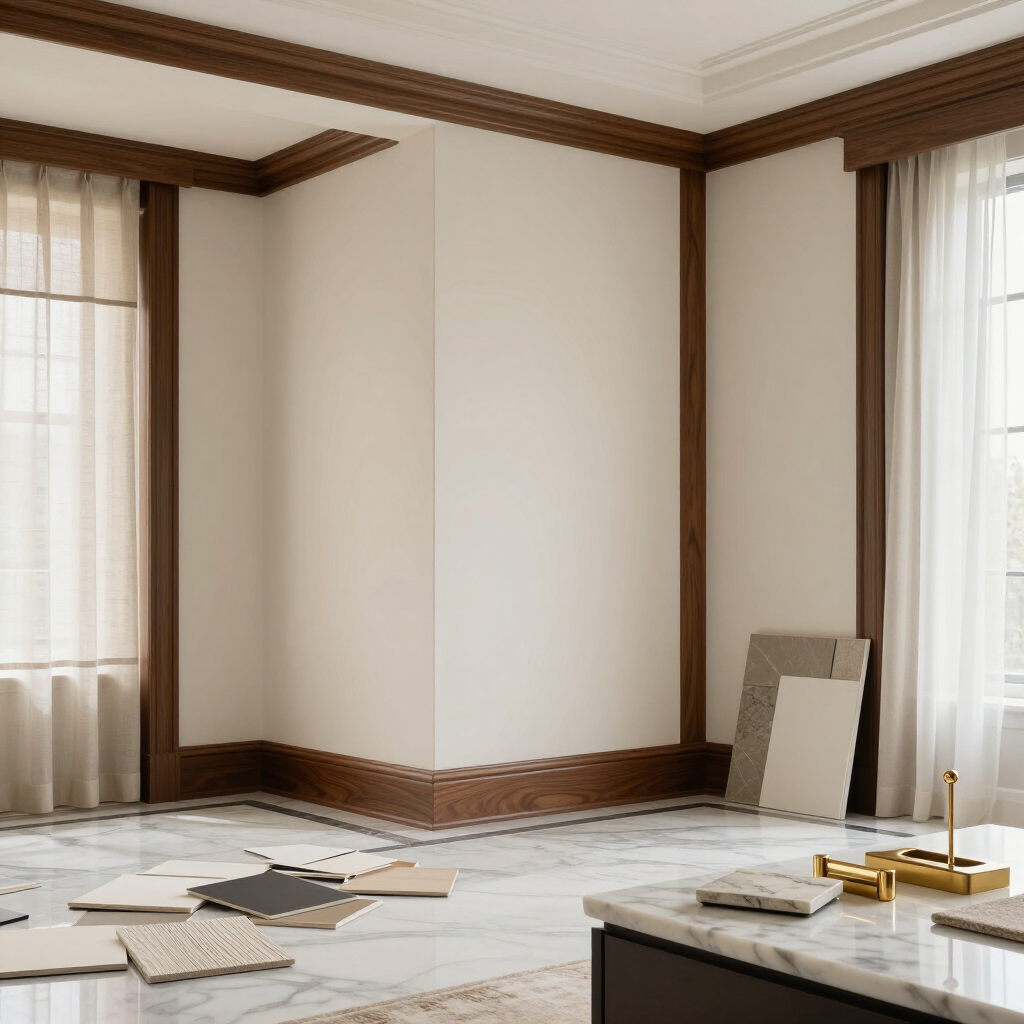 Habitación vacía en proceso de renovación con paredes blancas, molduras de madera, cortinas transparentes y tablas de madera.