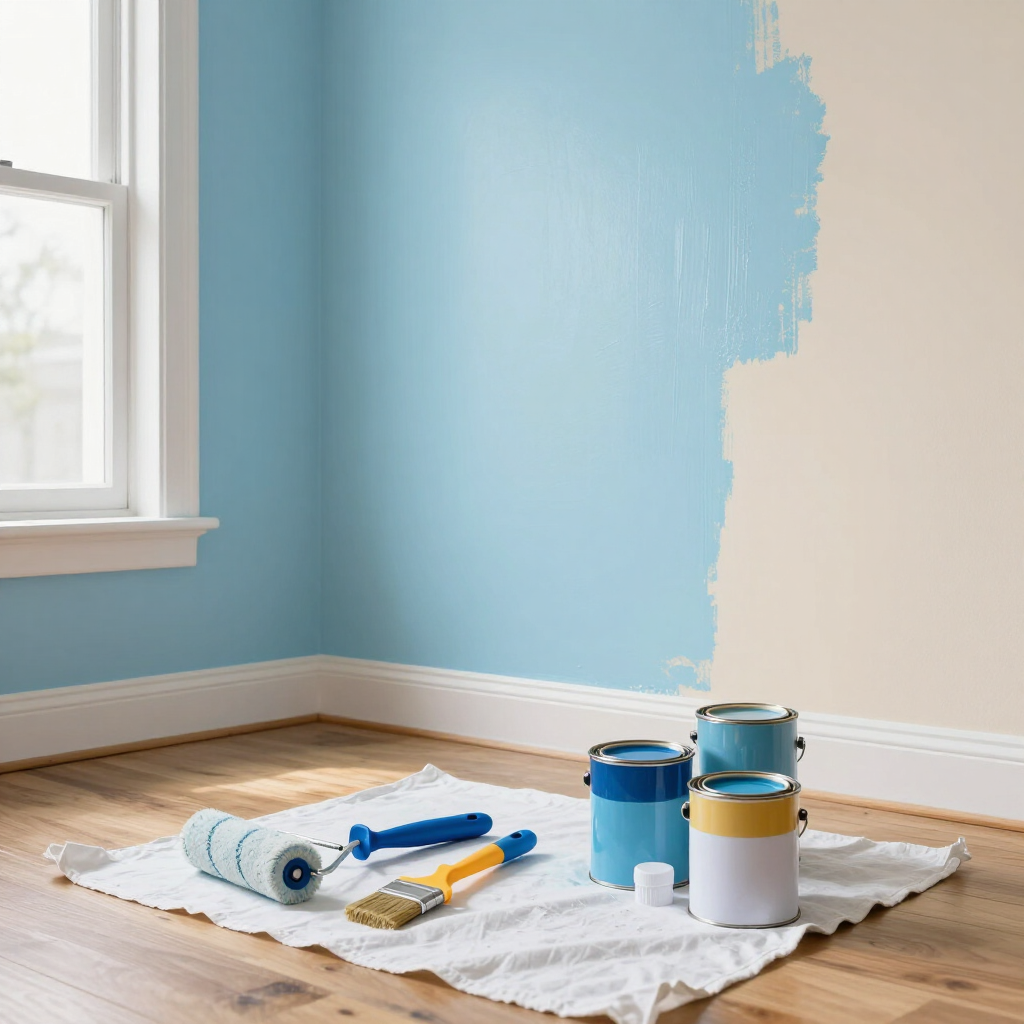 Materiales de pintura sobre una lona protectora junto a una pared azul claro y beige en una habitación con ventana.