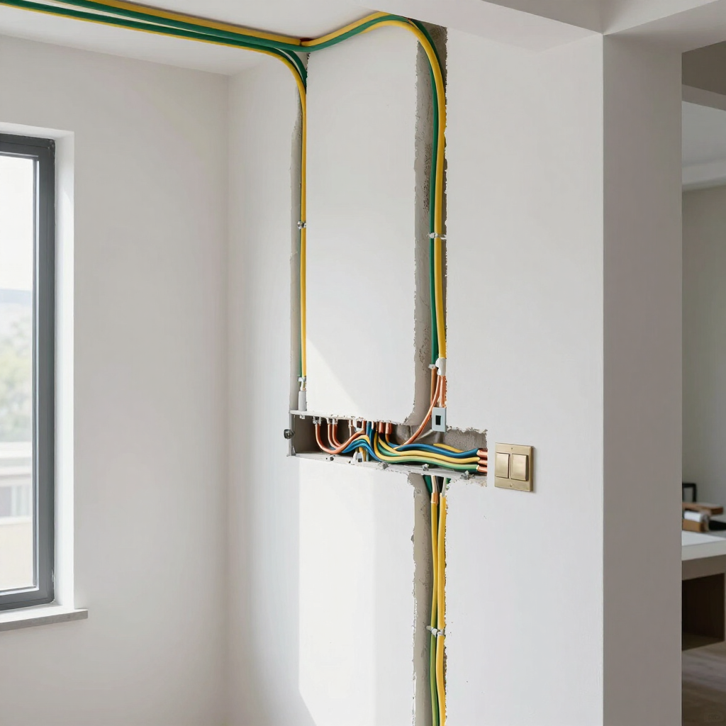 Cableado eléctrico y caja de conexiones a la vista en una pared interior blanca cerca de una ventana y una puerta.