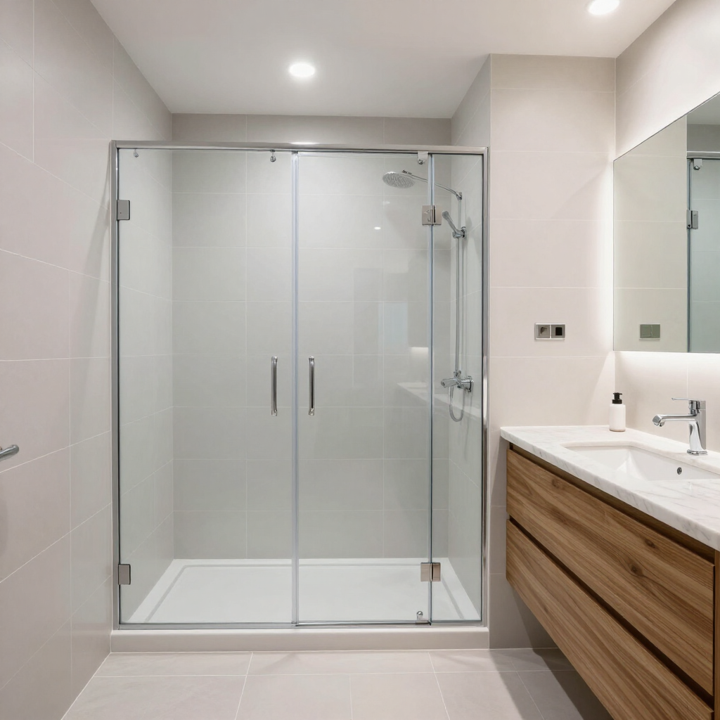 Baño moderno con ducha a ras de suelo de cristal, azulejos blancos y mueble de lavabo de madera.