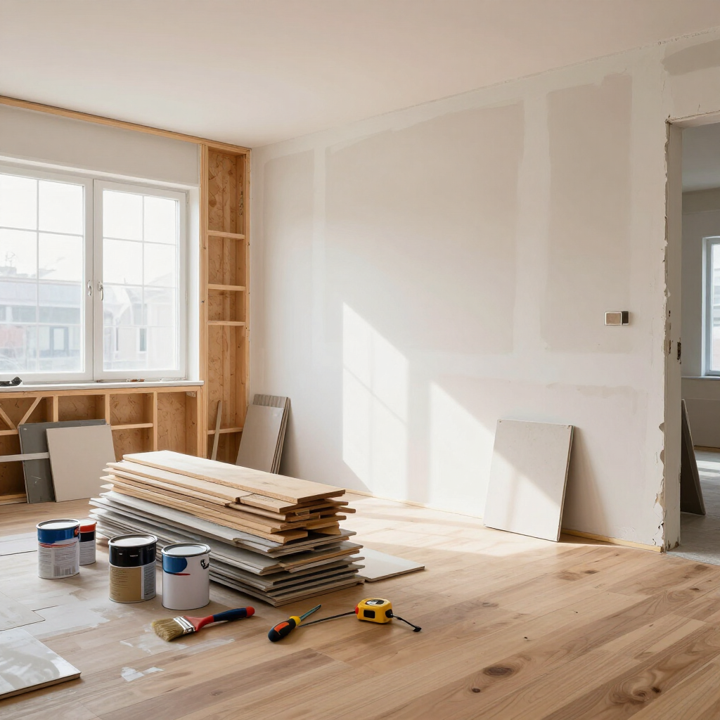 Habitación soleada en proceso de renovación con tablones de madera apilados, latas de pintura.