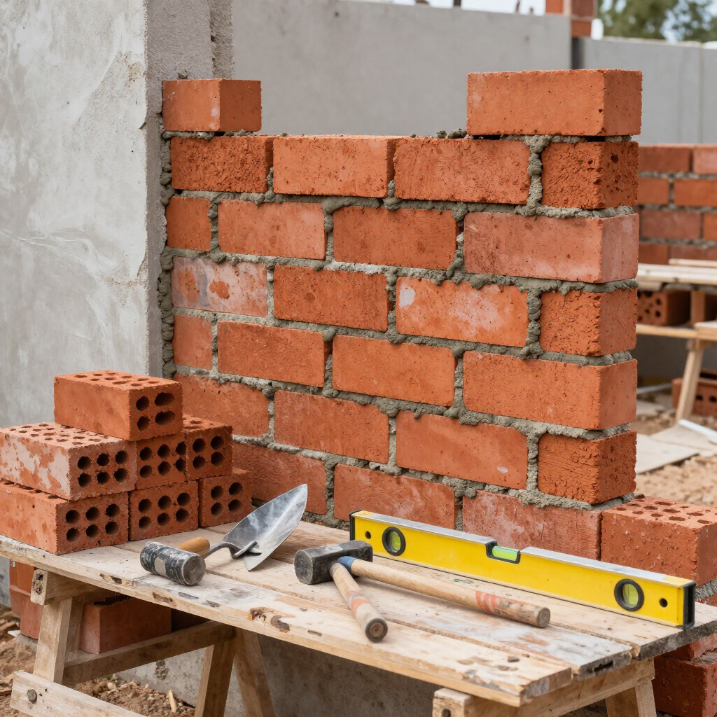 Muro de ladrillo rojo parcialmente construido sobre un banco de trabajo con herramientas y un nivel amarillo.