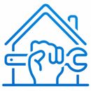 Icono de línea azul de una casa con una llave inglesa y un puño cerrado, que sugiere reparación o mantenimiento del hogar.