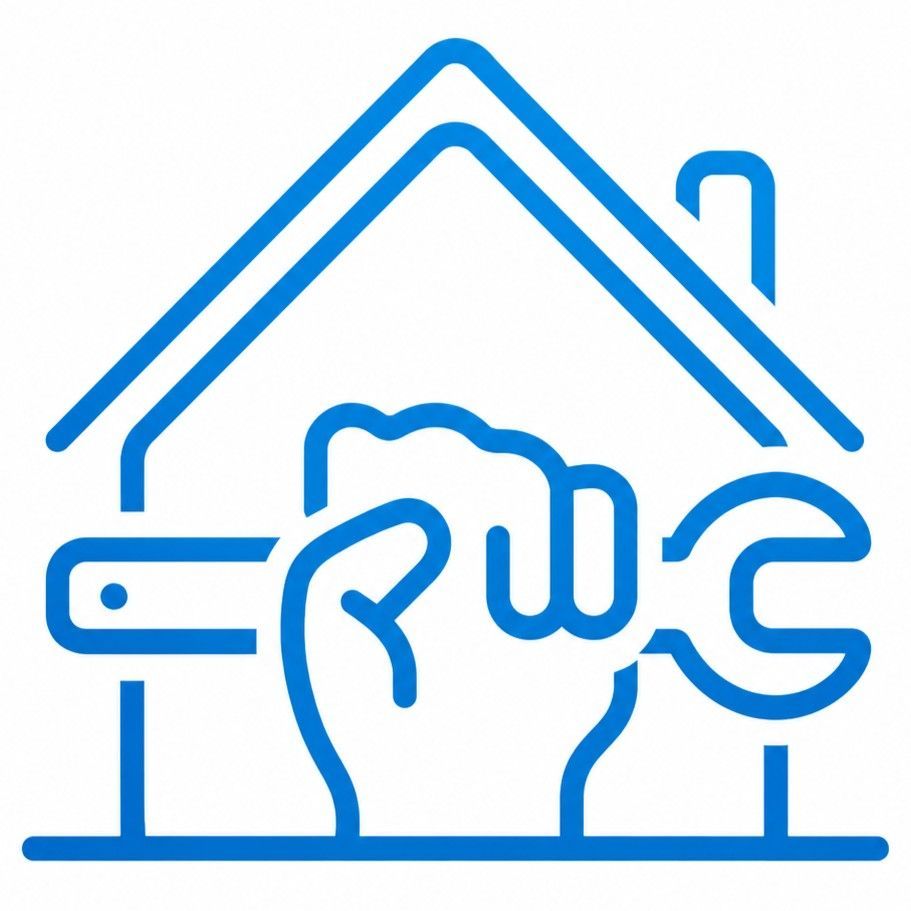 Icono de l&iacute;nea azul de una casa con una llave inglesa y un pu&ntilde;o cerrado, que sugiere reparaci&oacute;n o mantenimiento del hogar.
