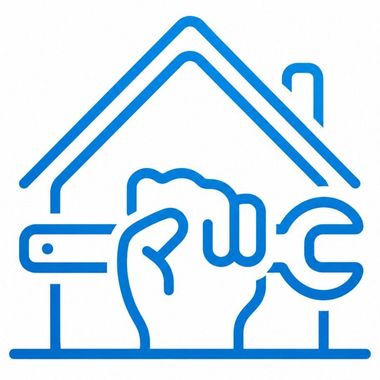 Icono de l&iacute;nea azul de una casa con una llave inglesa y un pu&ntilde;o cerrado, que sugiere reparaci&oacute;n o mantenimiento del hogar.