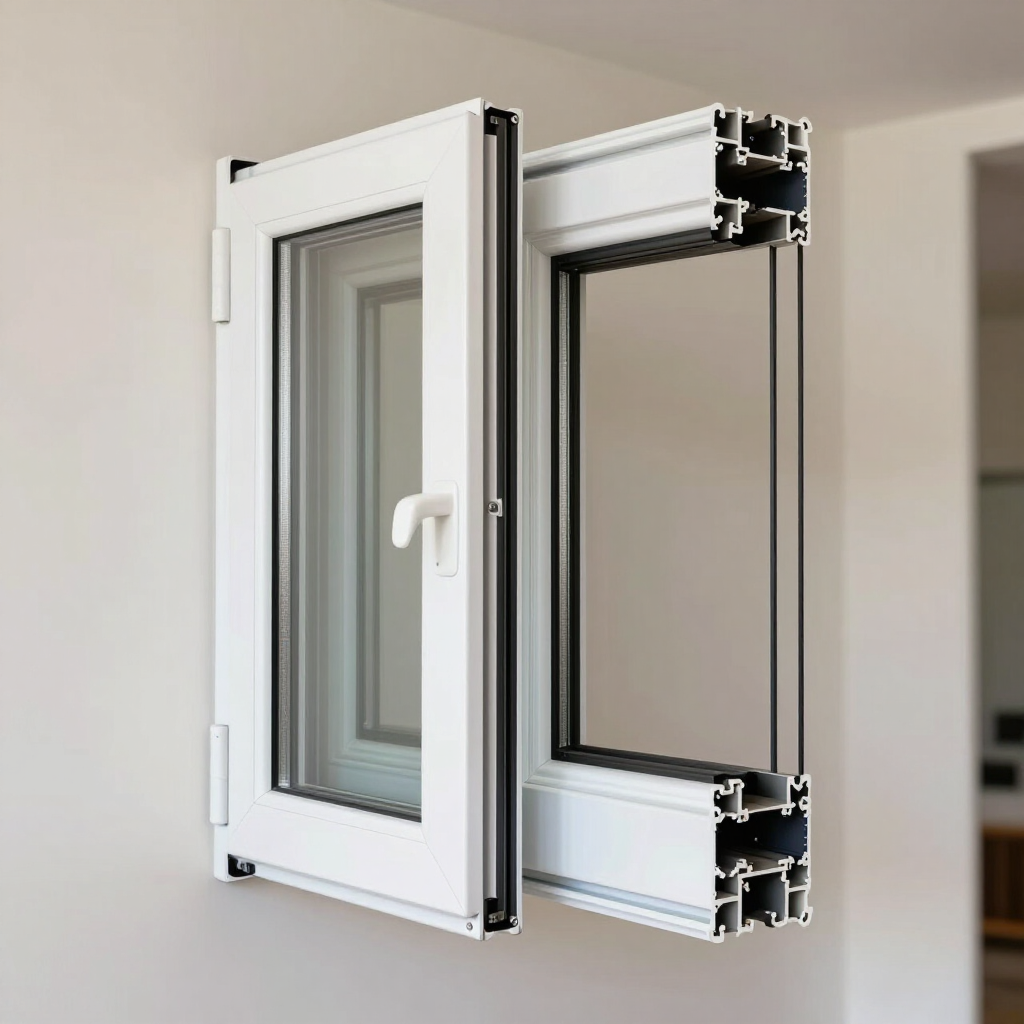 Ventana abatible blanca con un corte transversal que muestra el marco interno de aluminio y los herrajes de las bisagras.