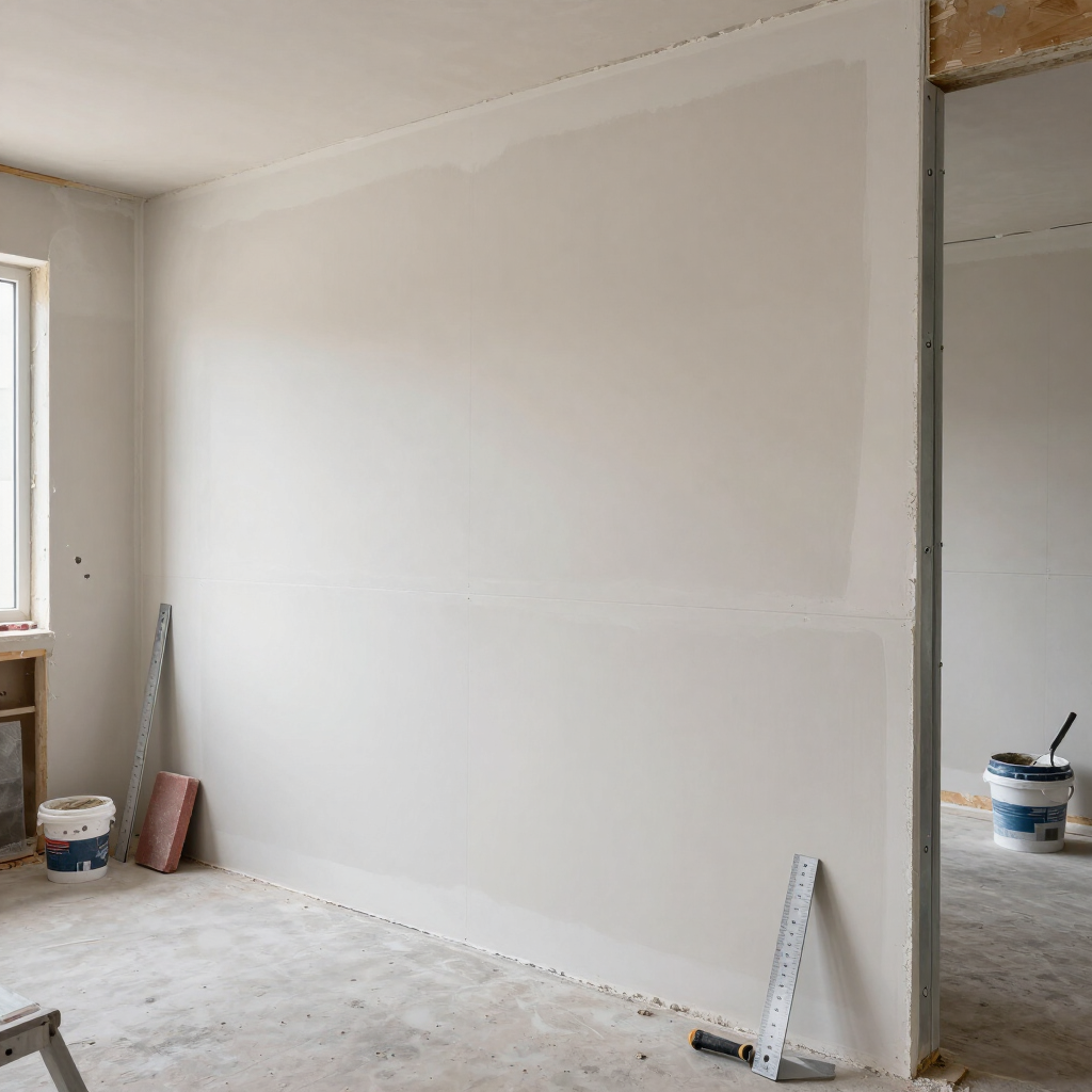 Habitación interior en proceso de renovación con paneles de yeso blancos nuevos, herramientas y una ventana a la izquierda.