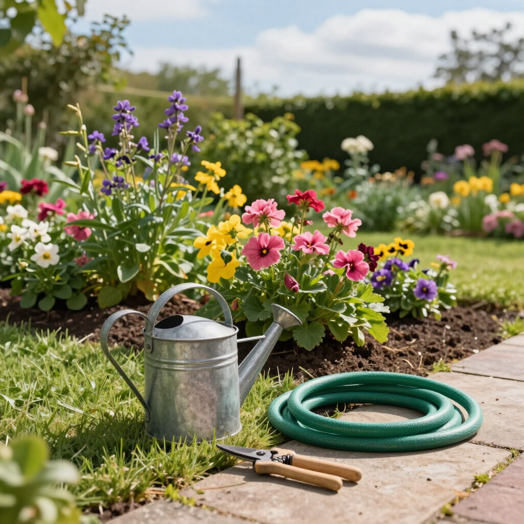 Herramientas de jardinería junto a un macizo de flores en flor: regadera, manguera enrollada.