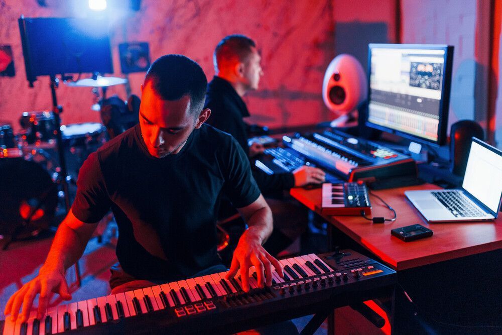 Un hombre está tocando un teclado en un estudio de grabación.