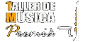 Un logotipo para taller de musica con un saxofón sobre un fondo blanco.