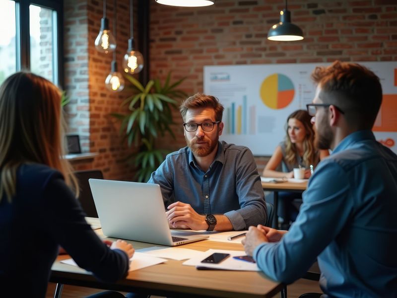 Dans un bureau chaleureux aux murs de briques, des collègues collaborent autour d'une table, avec des ordinateurs portables et des graphiques en arrière-plan.