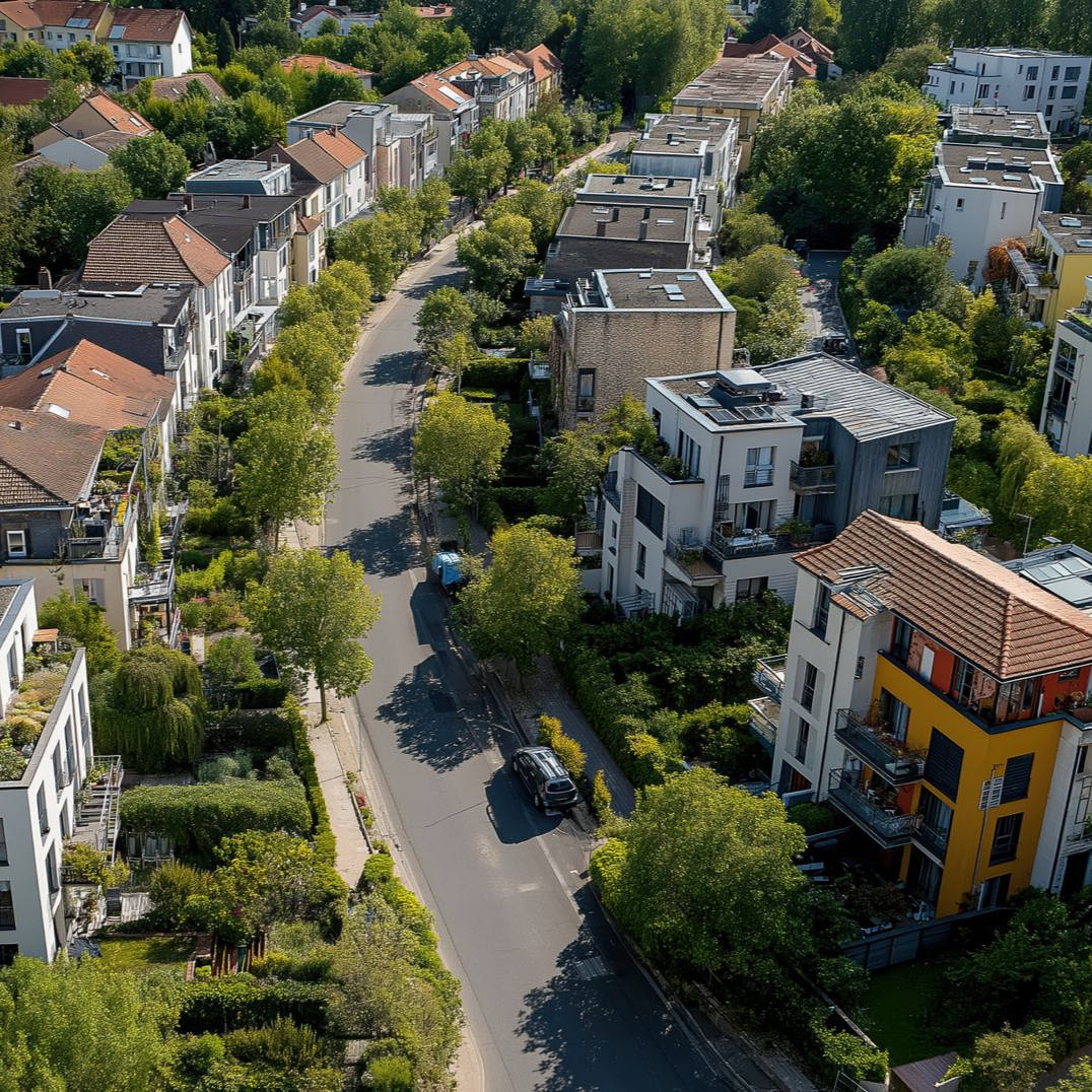 Vue aérienne d'une rue calme et arborée, bordée de maisons résidentielles et d'immeubles d'appartements variés.