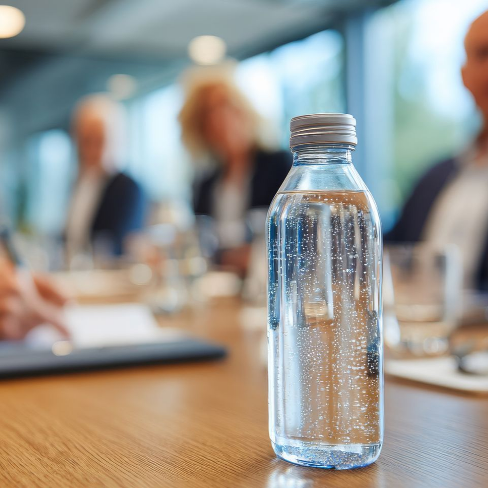 Une bouteille d'eau est bien visible sur une table de conférence, tandis que des personnes se trouvent en arrière-plan, floues, pendant une réunion.