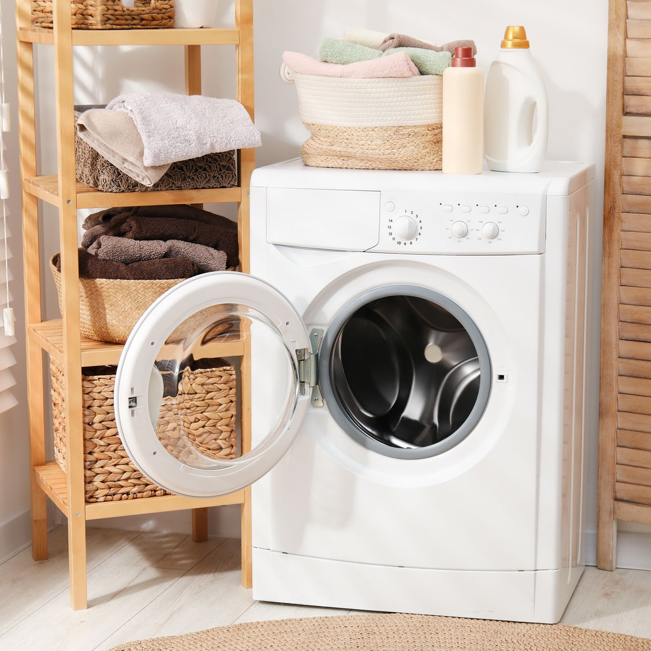 Une machine à laver blanche à chargement frontal, porte ouverte, se trouve à côté d'une étagère en bois remplie de serviettes pliées et de paniers.