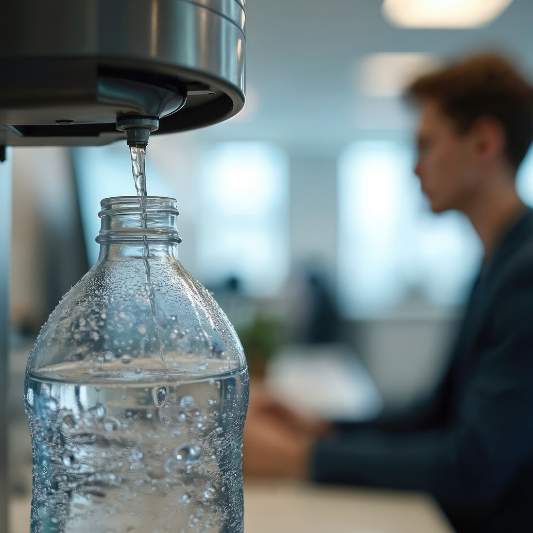 De l'eau est versée d'une fontaine à eau dans une bouteille en plastique, avec une personne floue assise en arrière-plan.