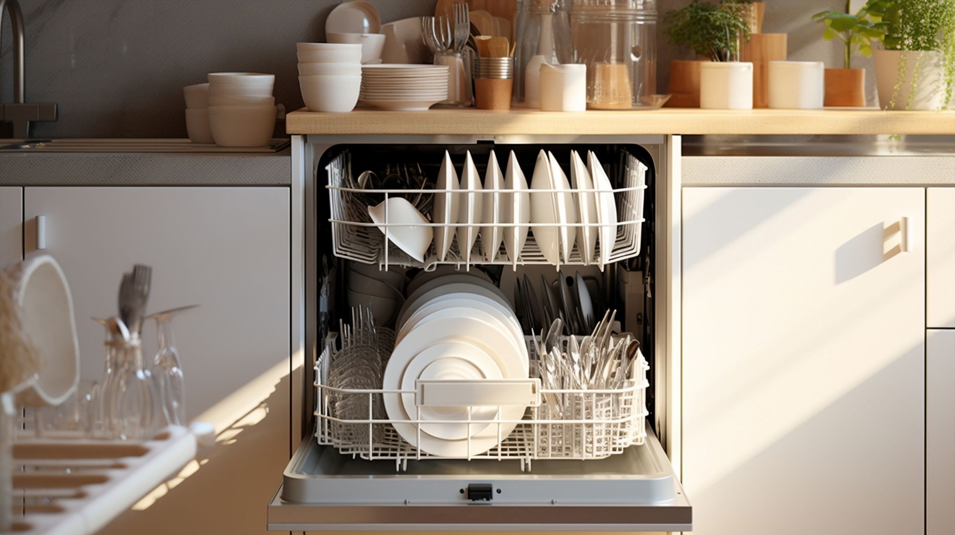 Lave-vaisselle ouvert rempli d'assiettes et de verres dans une cuisine moderne et lumineuse.