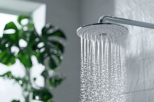 Un pommeau de douche circulaire crachant de l'eau vers le bas, placé à côté d'une plante verte aux contours flous dans une salle de bains lumineuse.