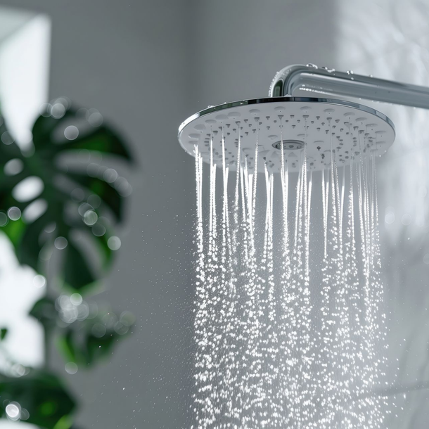 Un pommeau de douche moderne projette de l'eau en un jet vertical, avec des feuilles vertes floues en arrière-plan.