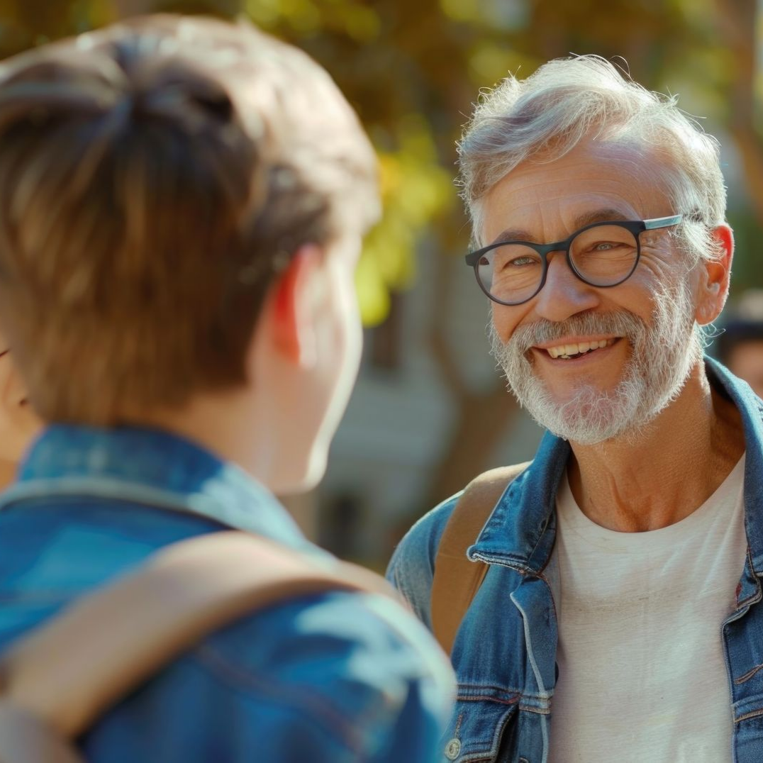 Une personne souriante, vêtue d'une veste en jean et portant des lunettes, regarde chaleureusement une autre personne en extérieur.