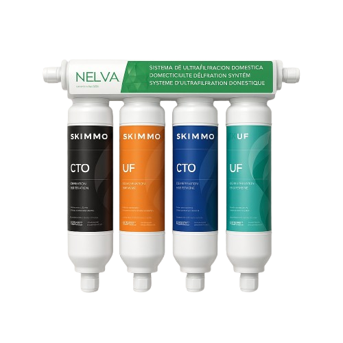 Système de filtration d'eau à quatre couleurs avec collecteur blanc et cartouches noires, oranges, bleues et turquoise