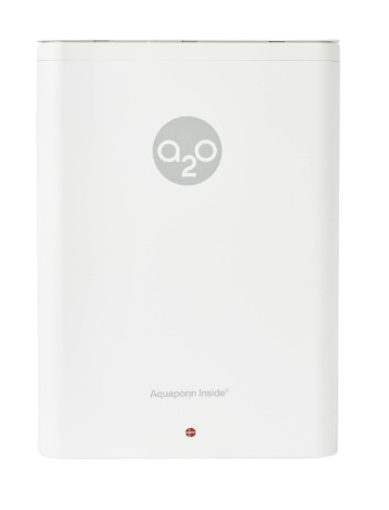 Unité de purification d'eau A2O Aquapoint Inteda blanche, dotée d'un logo circulaire et d'un petit voyant rouge en bas.