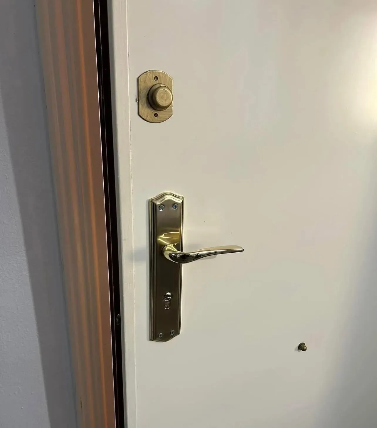 Puerta blanca con manija y cerradura de latón, ligeramente entreabierta contra un marco oscuro.