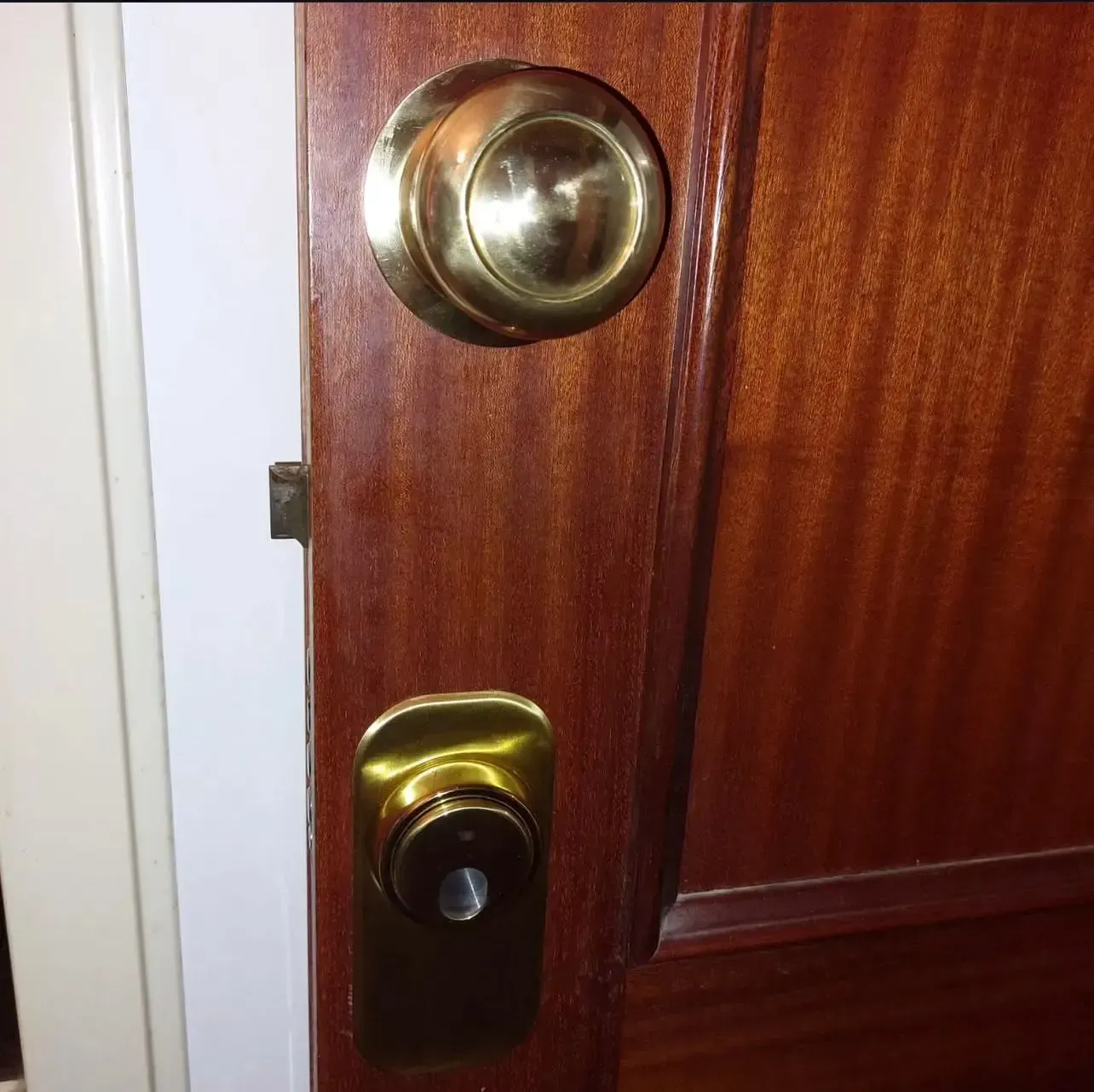Puerta de madera con cerrojo de latón y pomo redondo (primer plano)