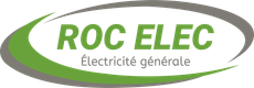 Logo de ROC ELEC, avec texte vert et ligne courbe verte, et accents gris. Le texte dit « Électricité générale ».