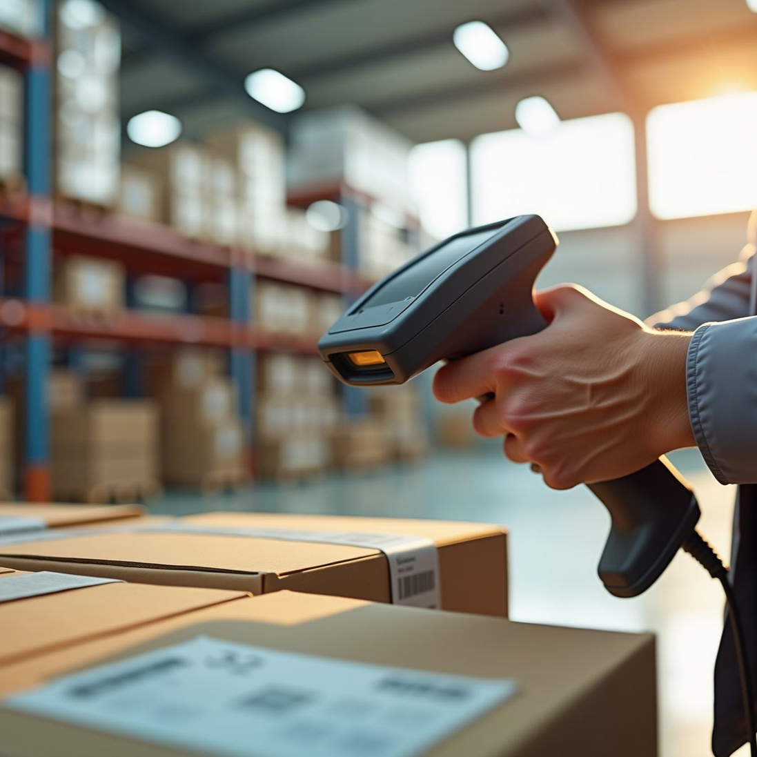 Personne utilisant un lecteur de codes-barres sur une boîte dans un entrepôt.